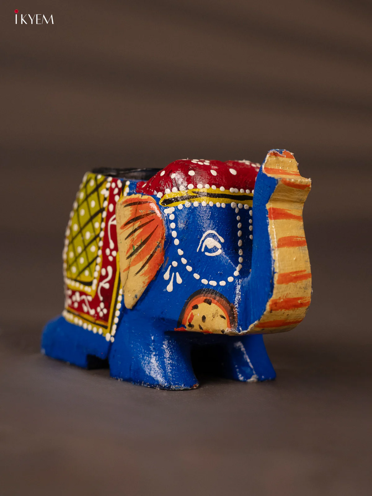 Vibrant Blue & Marron Hand Painted Wooden Elephant Shaped Candle Holder - KH02122 - Image 2
