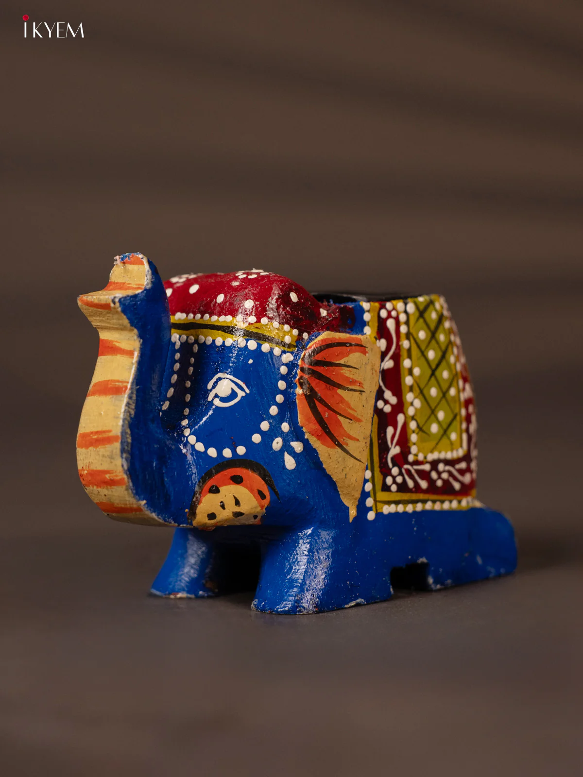 Vibrant Blue & Marron Hand Painted Wooden Elephant Shaped Candle Holder - KH02122 - Image 3