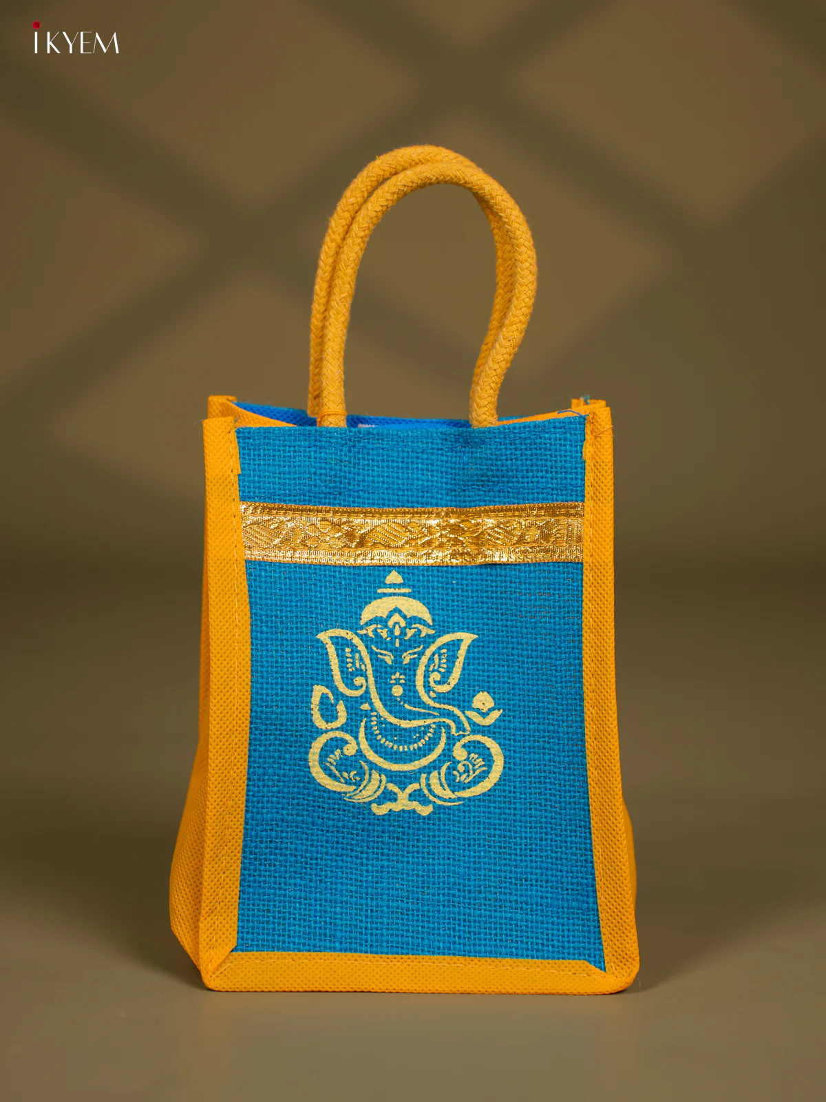 Blue & Yellow Jute Bag with Ganesha Print - KG04182