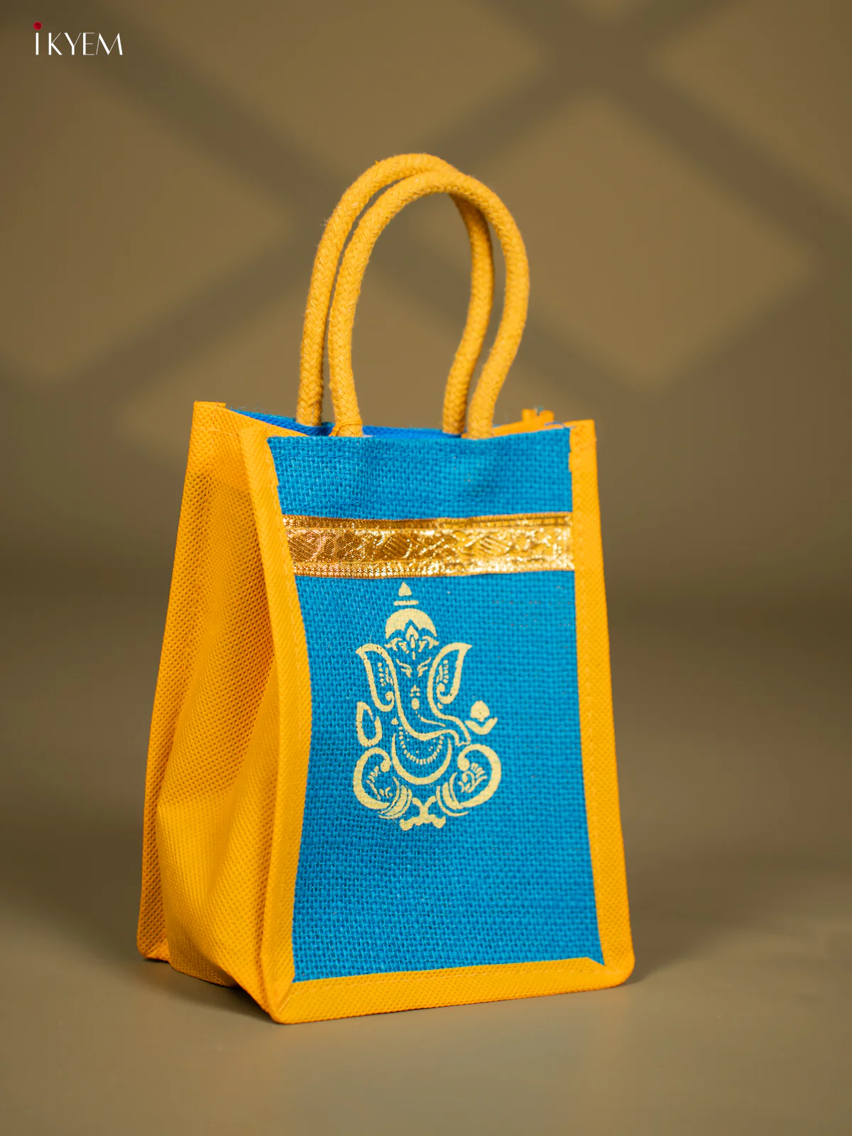 Blue & Yellow Jute Bag with Ganesha Print - KG04182 - Image 2