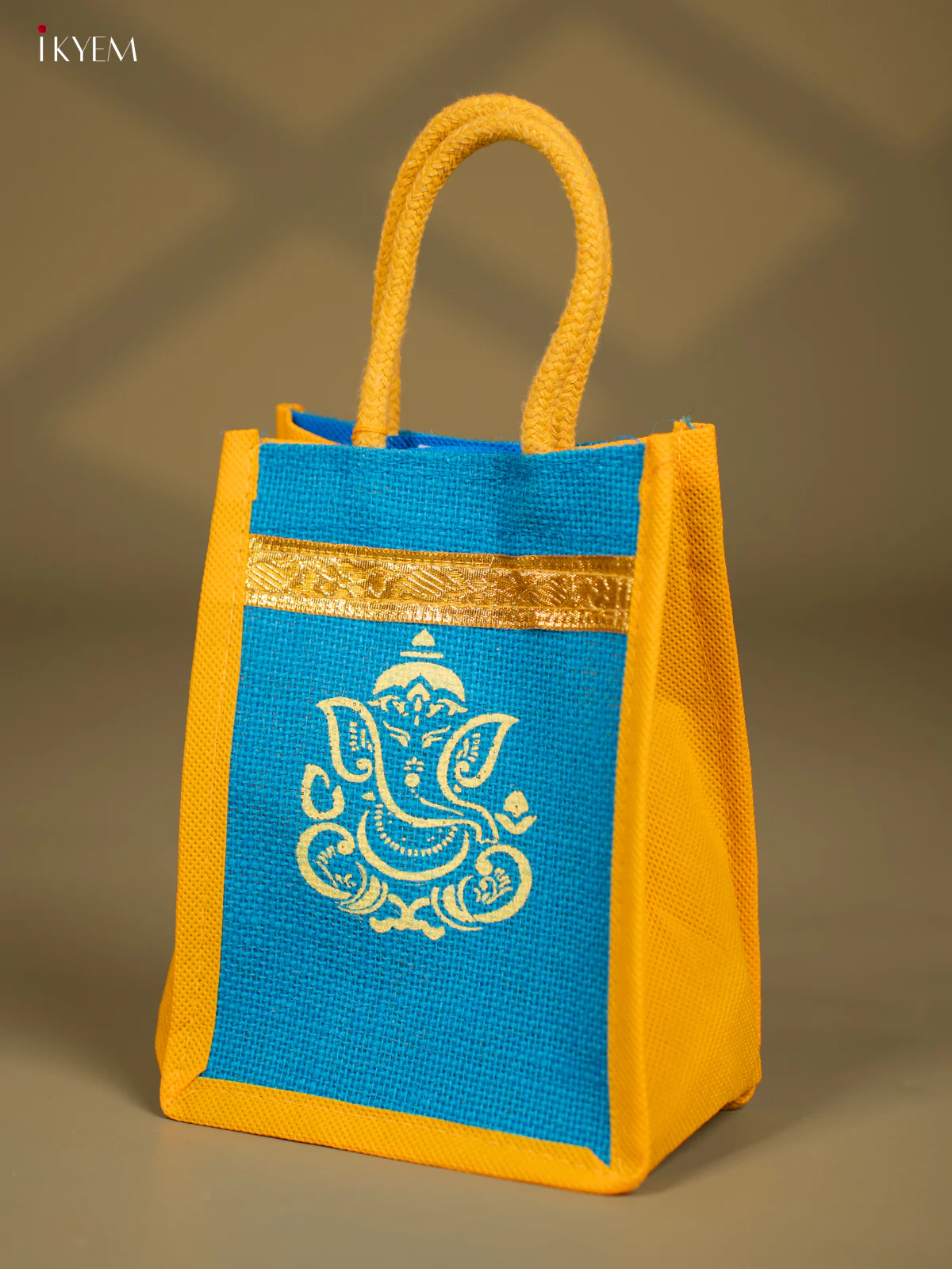 Blue & Yellow Jute Bag with Ganesha Print - KG04182 - Image 3