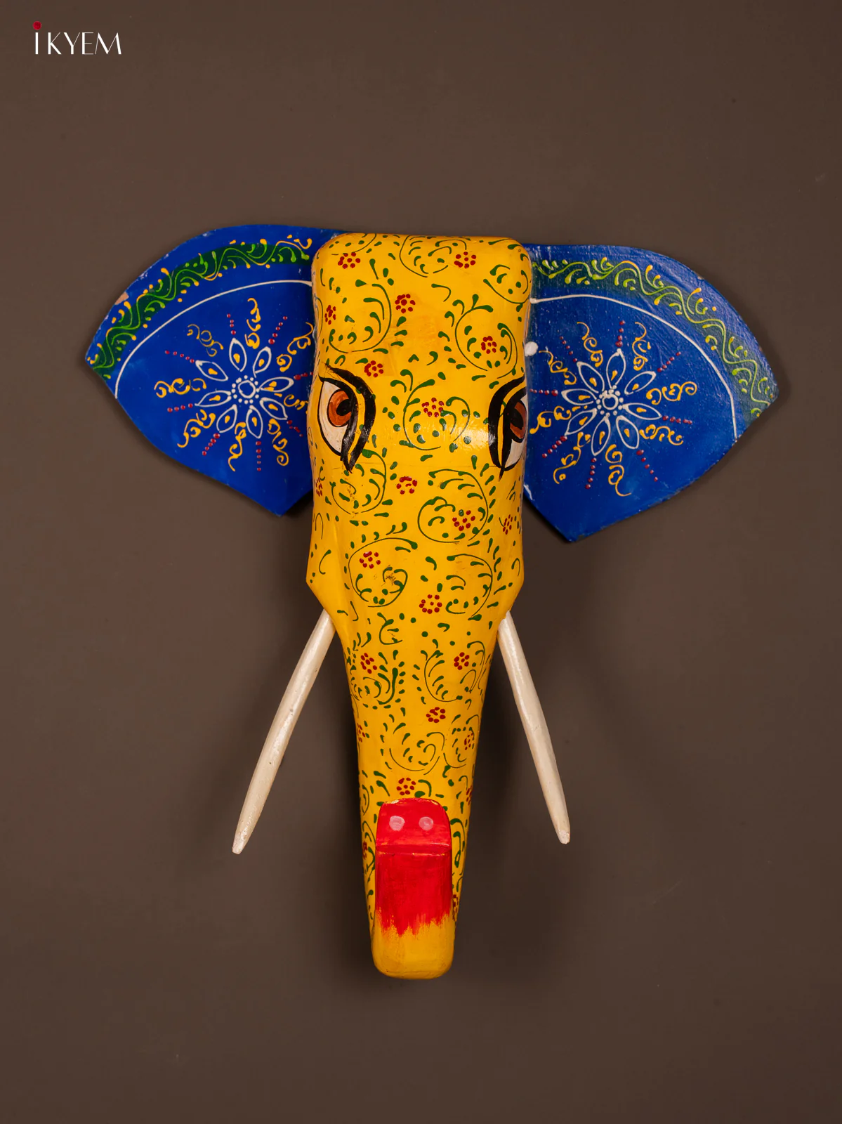 Blue & Yellow hand painted elephant head Design Wood Wall Decor - KF03147