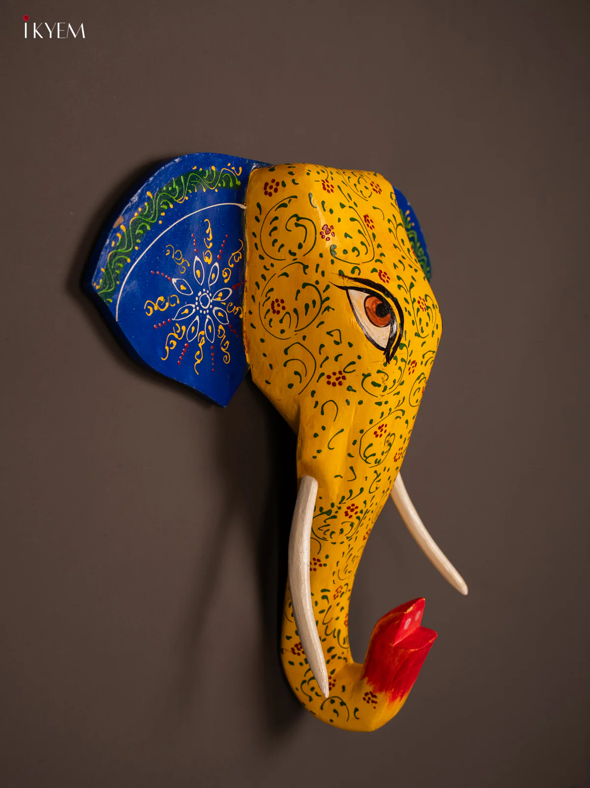 Blue & Yellow hand painted elephant head Design Wood Wall Decor - KF03147 - Image 2