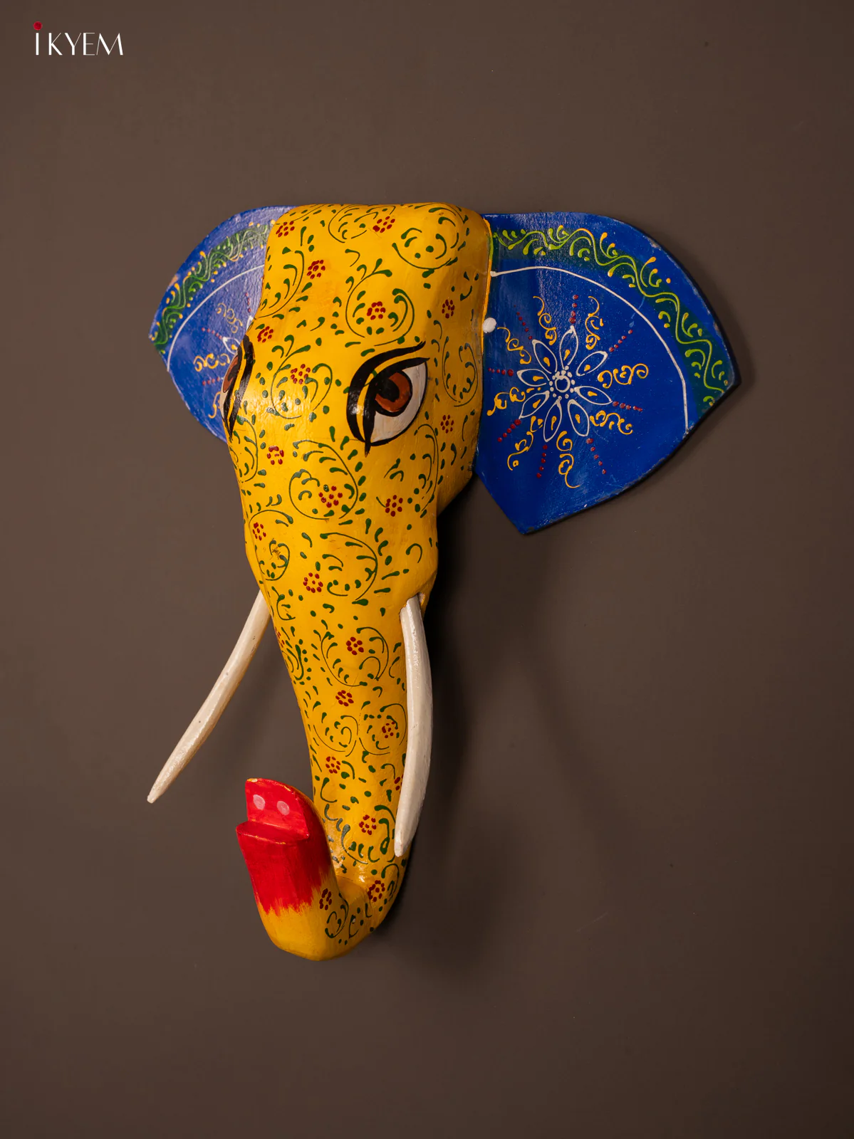 Blue & Yellow hand painted elephant head Design Wood Wall Decor - KF03147 - Image 3