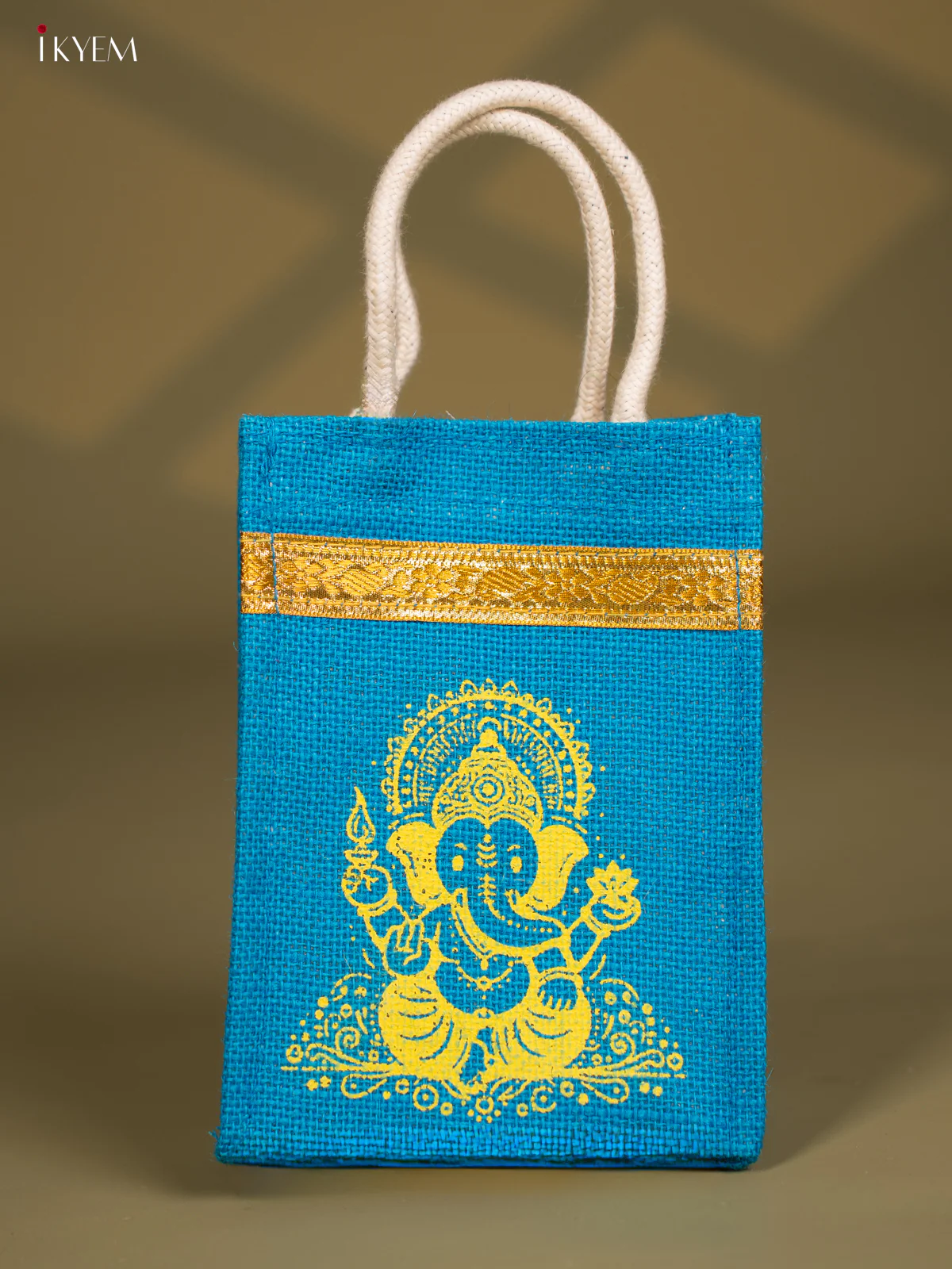 Divine Blue Jute Bags With Ganapathy Print - 8 Inch - KG08124