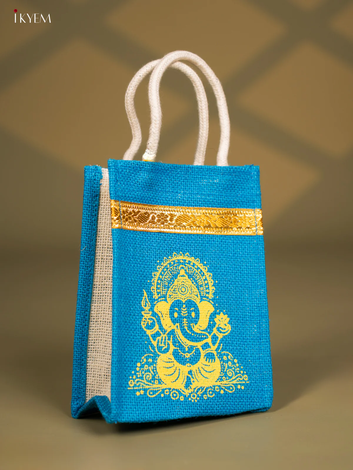 Divine Blue Jute Bags With Ganapathy Print - 8 Inch - KG08124 - Image 2