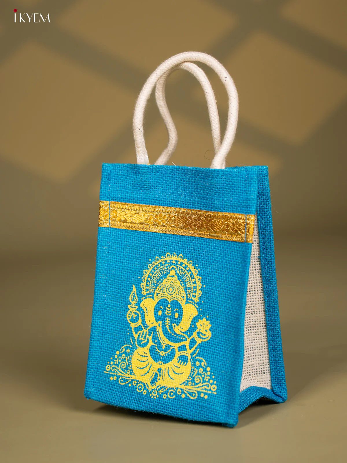 Divine Blue Jute Bags With Ganapathy Print - 8 Inch - KG08124 - Image 3
