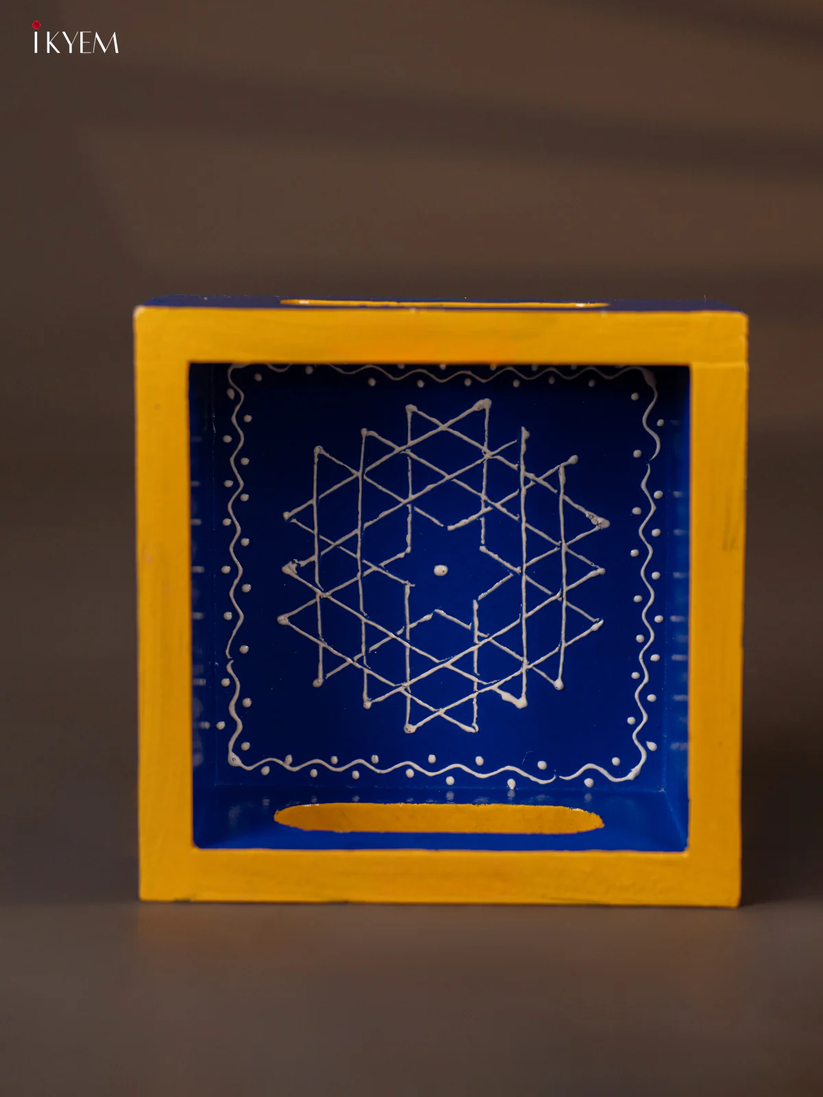 Aishwarya Kolam Hand-Painted Square Wooden Tray - Blue - (5x5) Inch - KH02127