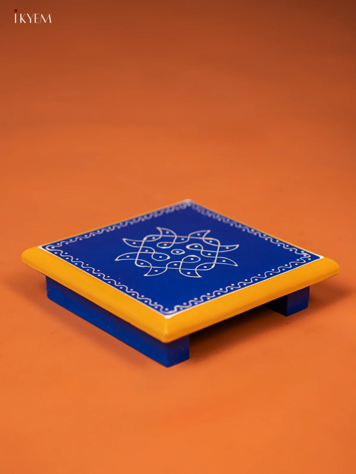 Traditional Blue Wooden Manai with Hand-Painted Kolam - KE27115 - Image 3
