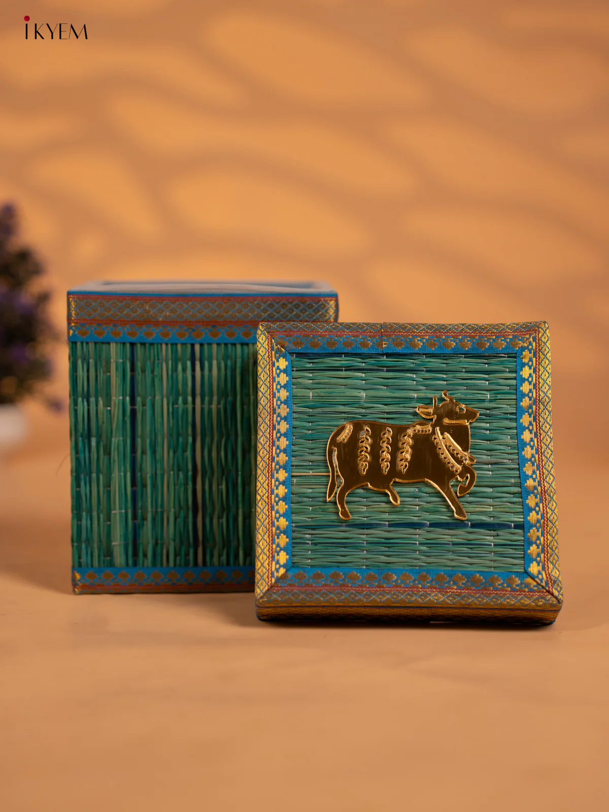 Blue Korai Gift Box with Net Potli & Cow Motif - KB17150