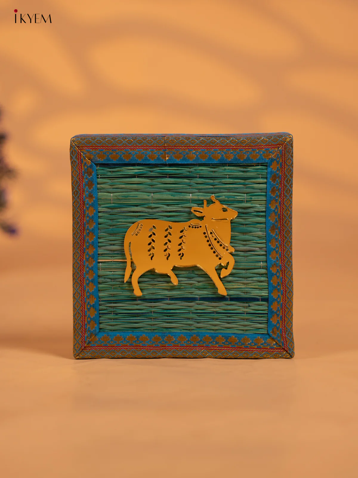 Blue Korai Gift Box with Net Potli & Cow Motif - KB17150 - Image 3