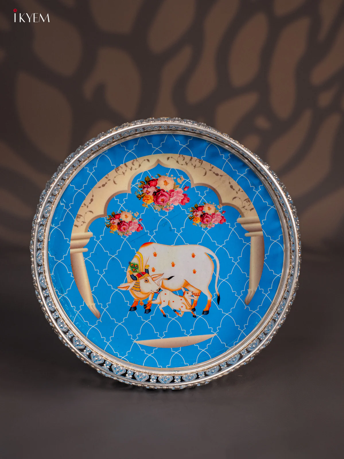 Breezy Pichwai Cow & Calf Printed Blue German Silver Tray (8 Inch) - KI10122