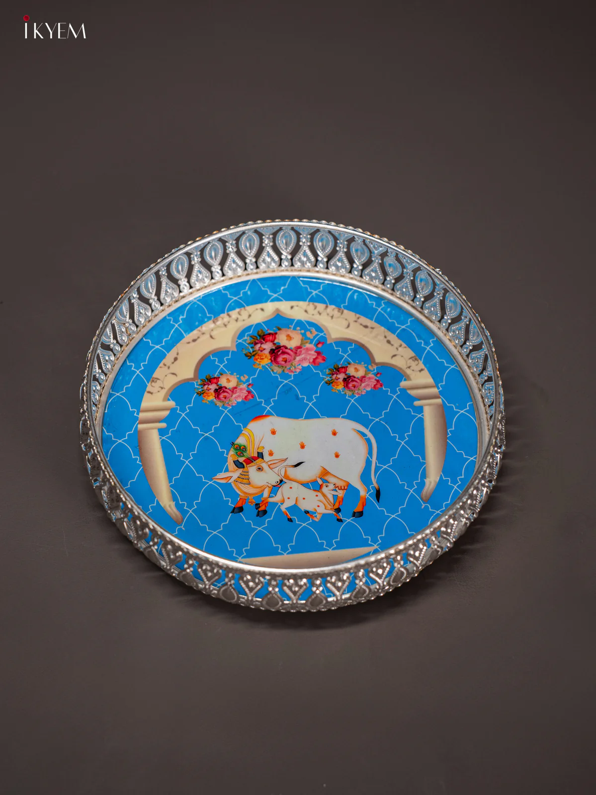 Breezy Pichwai Cow & Calf Printed Blue German Silver Tray (8 Inch) - KI10122 - Image 3