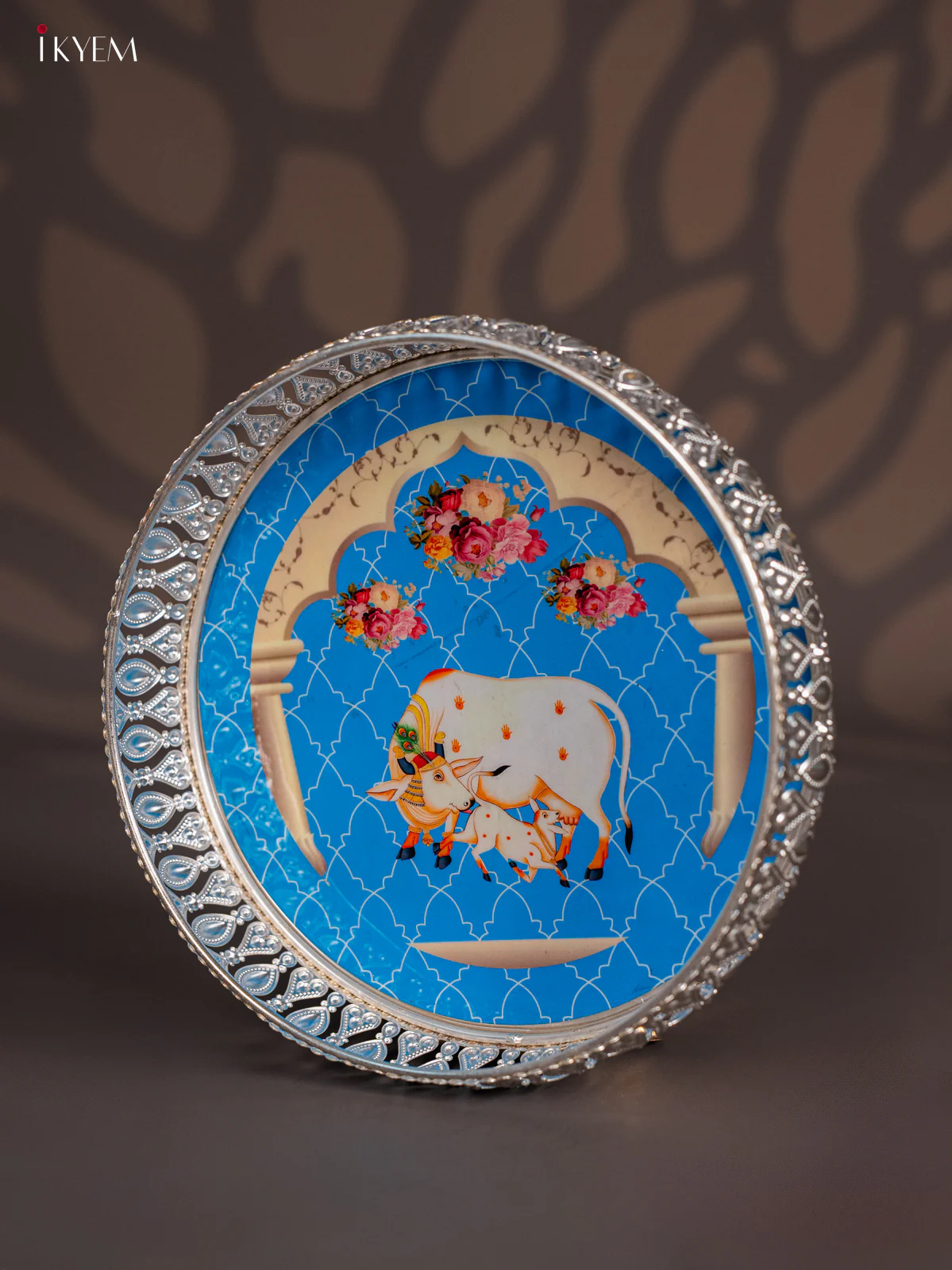 Breezy Pichwai Cow & Calf Printed Blue German Silver Tray (8 Inch) - KI10122 - Image 4