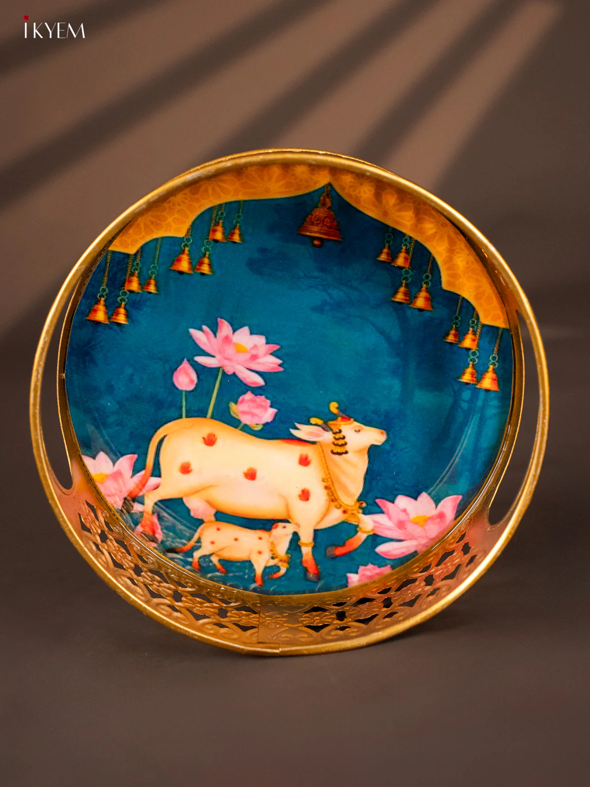 Blue Decorative Round Tray with Cow & Calf Digital Print - KH22127