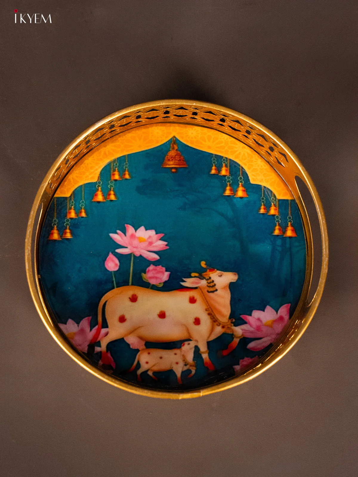 Blue Decorative Round Tray with Cow & Calf Digital Print - KH22127 - Image 3