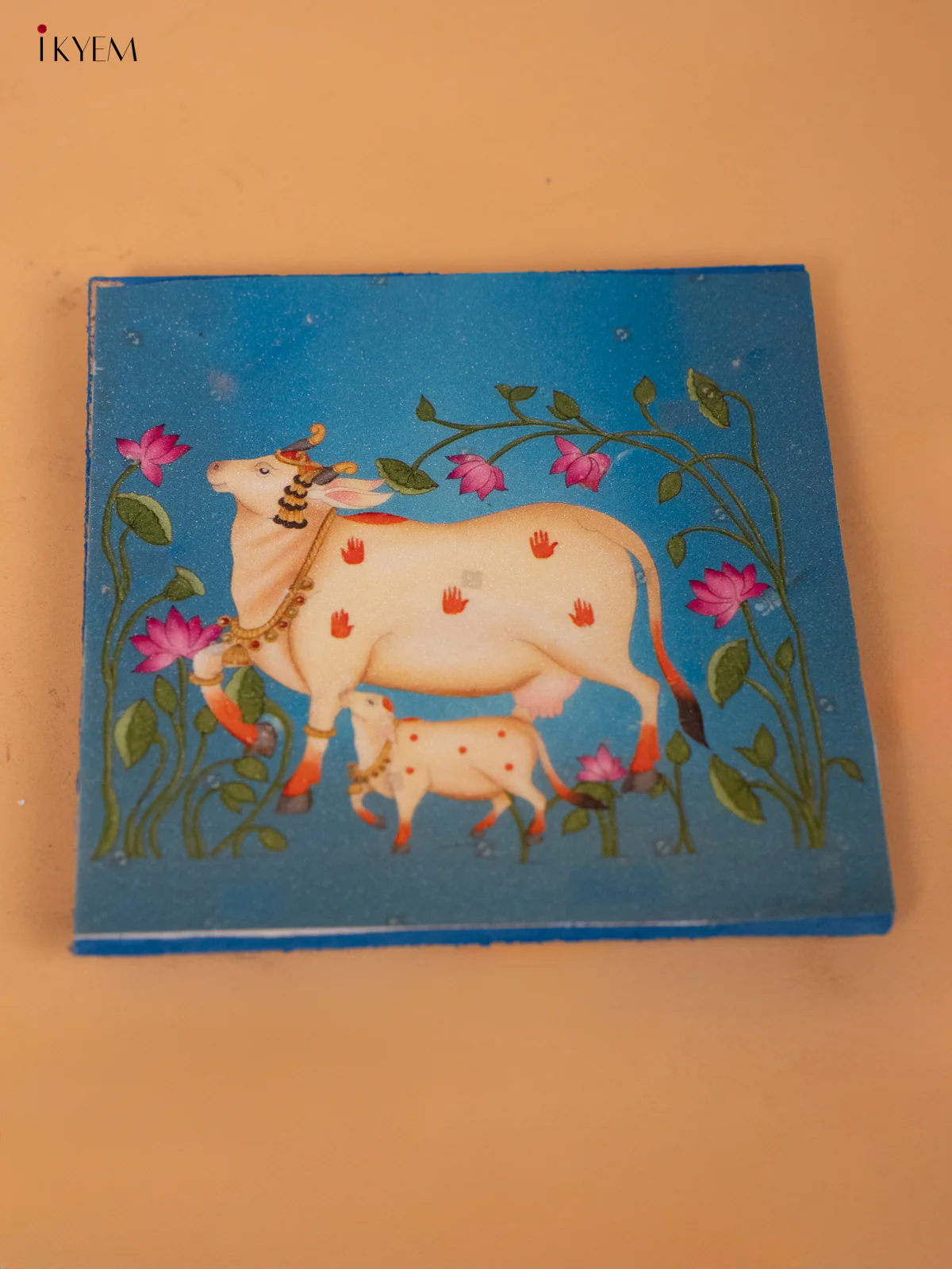 Elegant Blue Pichwai Cow & Calf Wooden Chowki - KC20116 - Image 2