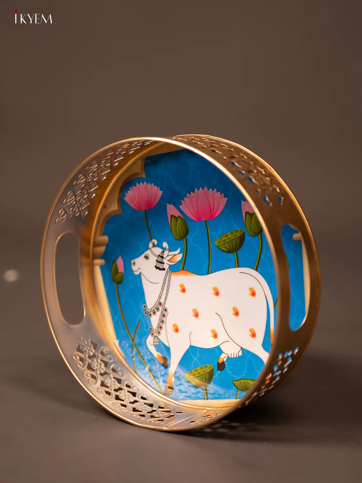 Blue Pichwai Printed Round Metal Tray With Cow & Flowers - KF19132 - Image 2