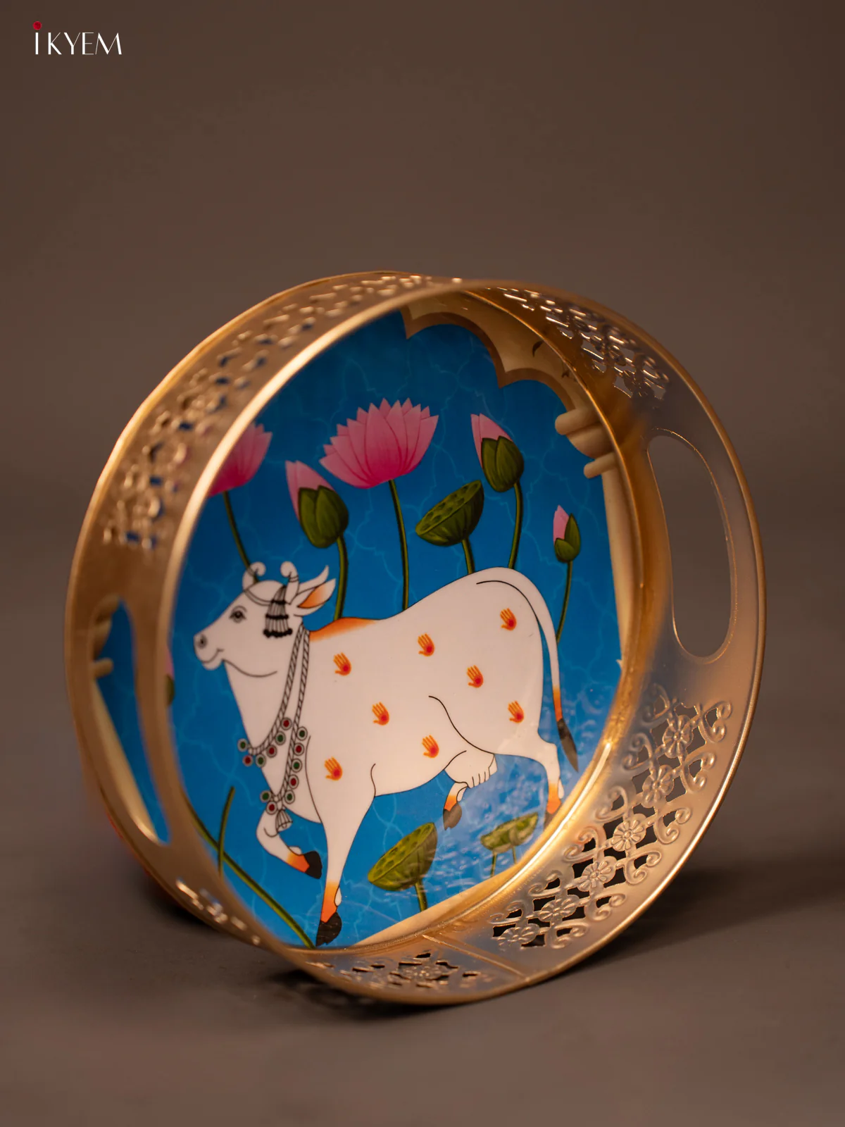 Blue Pichwai Printed Round Metal Tray With Cow & Flowers - KF19132 - Image 3
