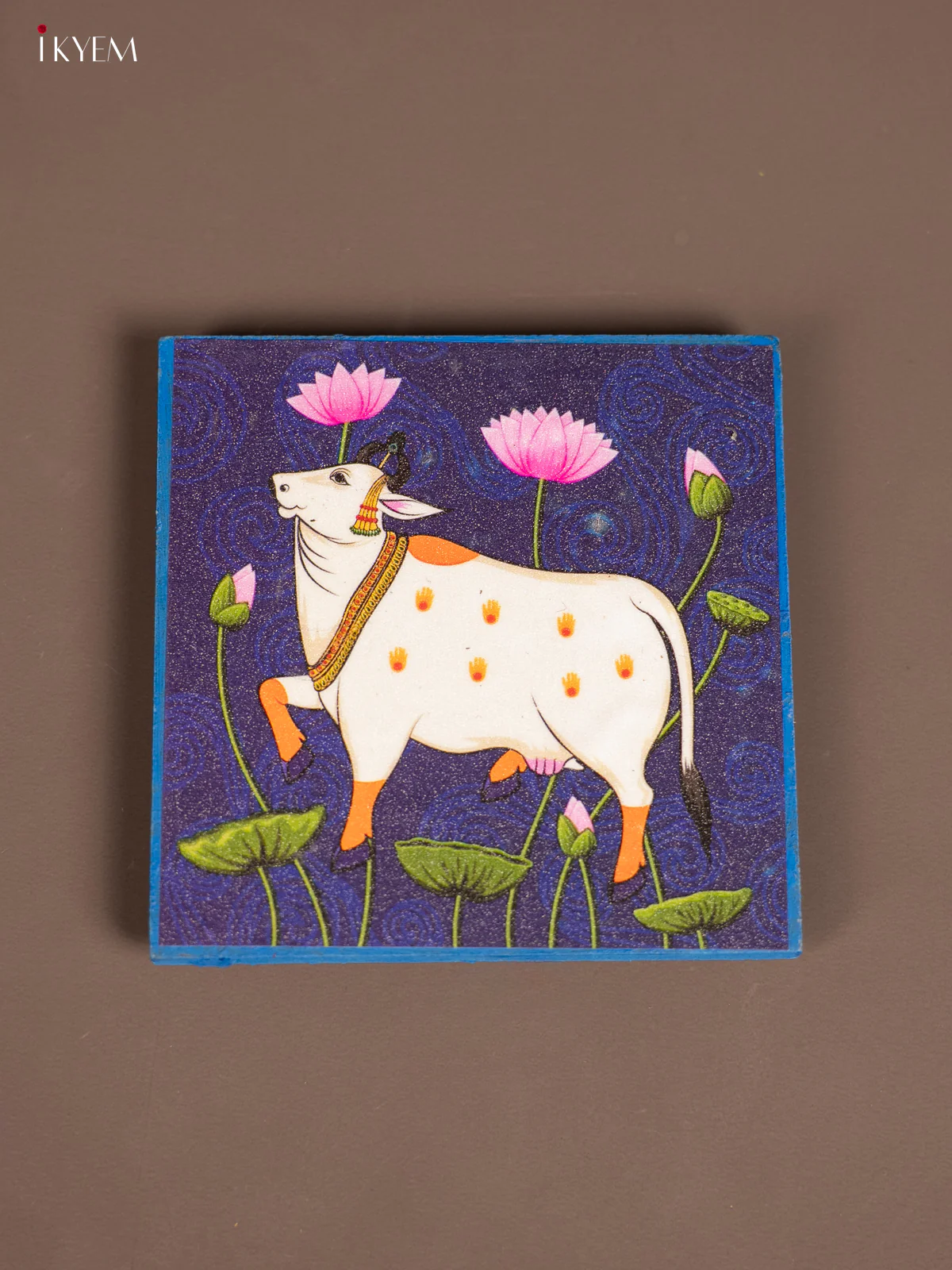Blue Pichwai Cow Printed Wooden Manai - KE29153