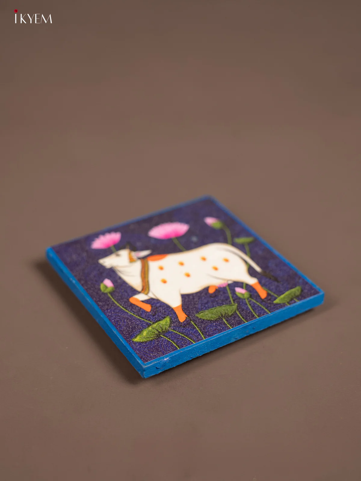 Blue Pichwai Cow Printed Wooden Manai - KE29153 - Image 2