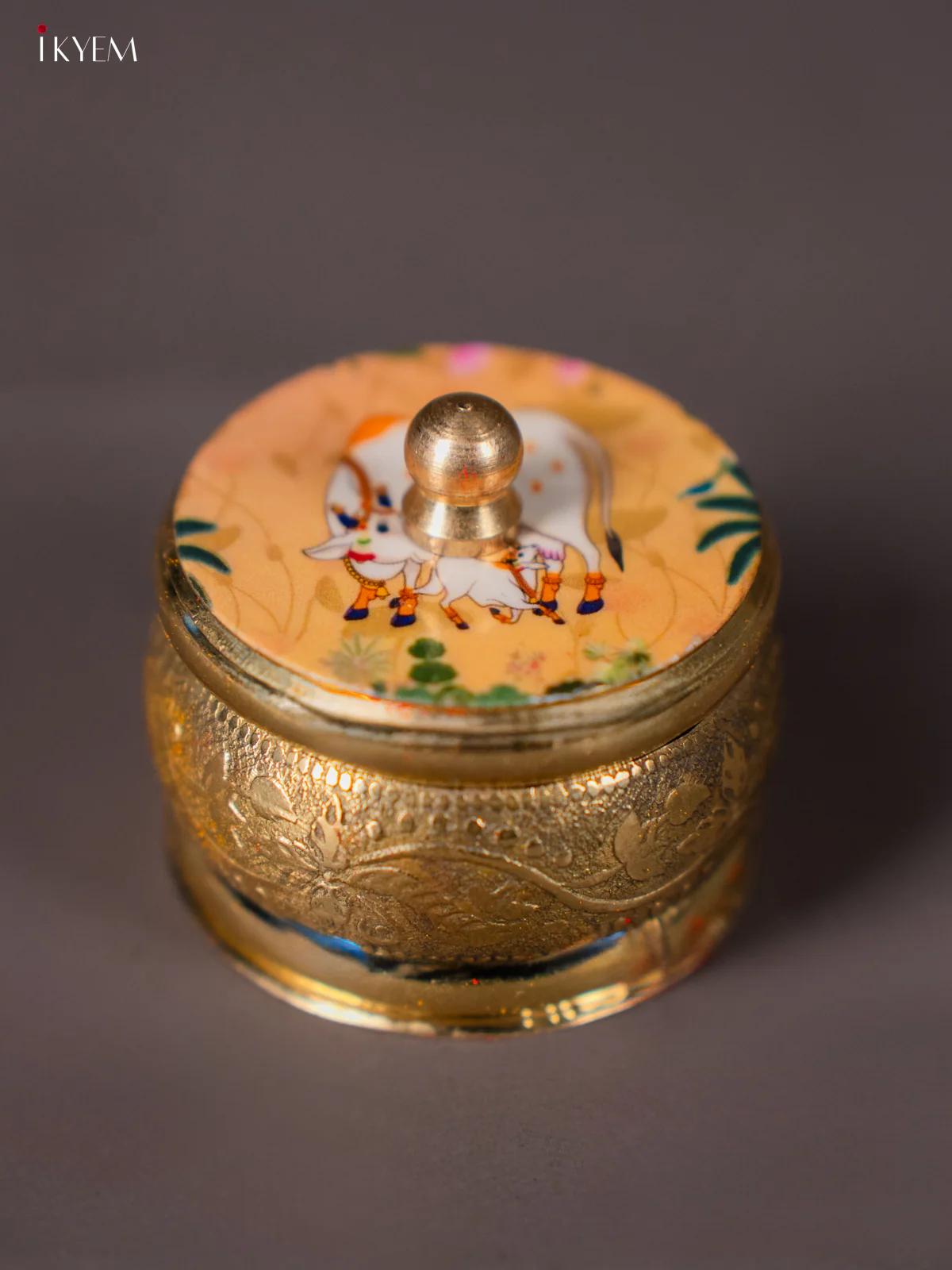Brass coated Kumkum Holder White Pichwai Cow & Calf Printed Lid - KI01214