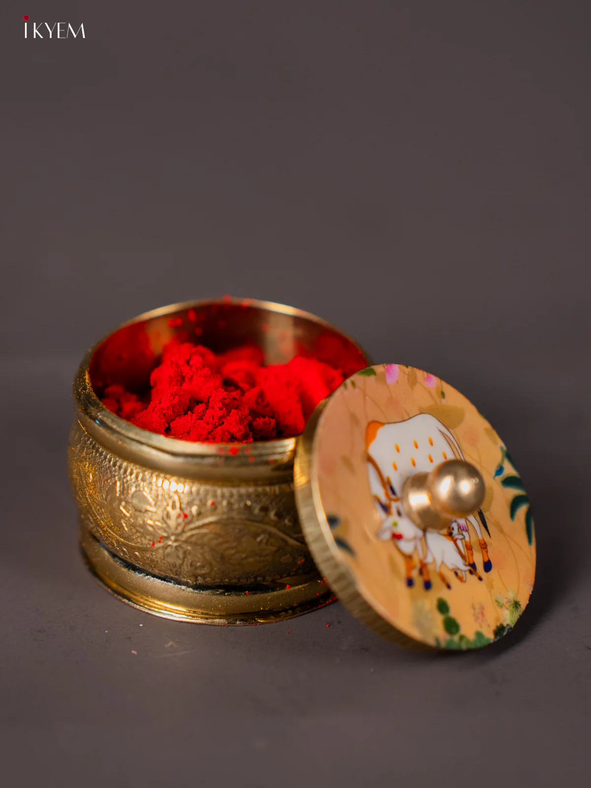 Brass coated Kumkum Holder White Pichwai Cow & Calf Printed Lid - KI01214 - Image 3