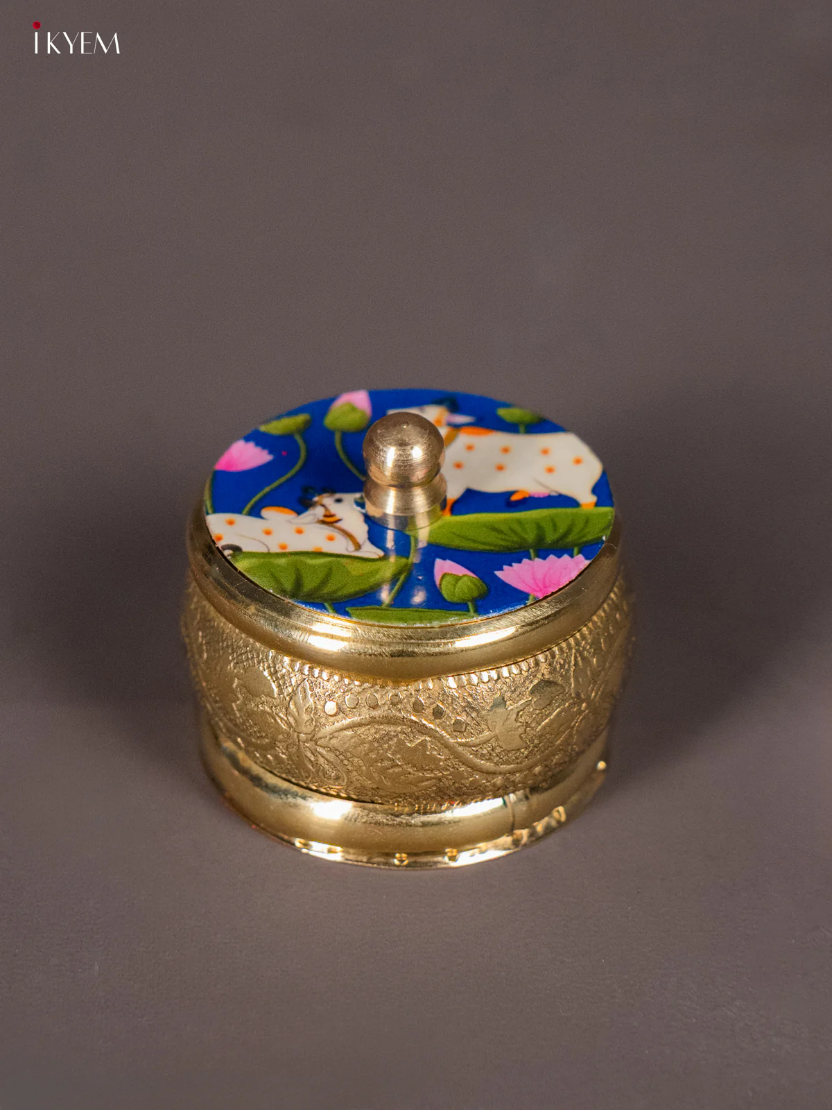 Artistic Brass coated Kumkum Holder With Blue Color Pichwai Printed Lid - KI01210
