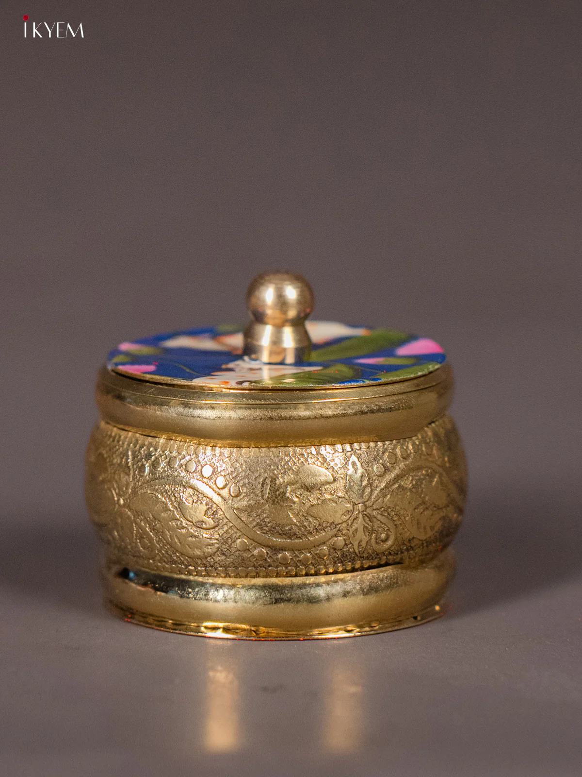 Artistic Brass coated Kumkum Holder With Blue Color Pichwai Printed Lid - KI01210 - Image 2