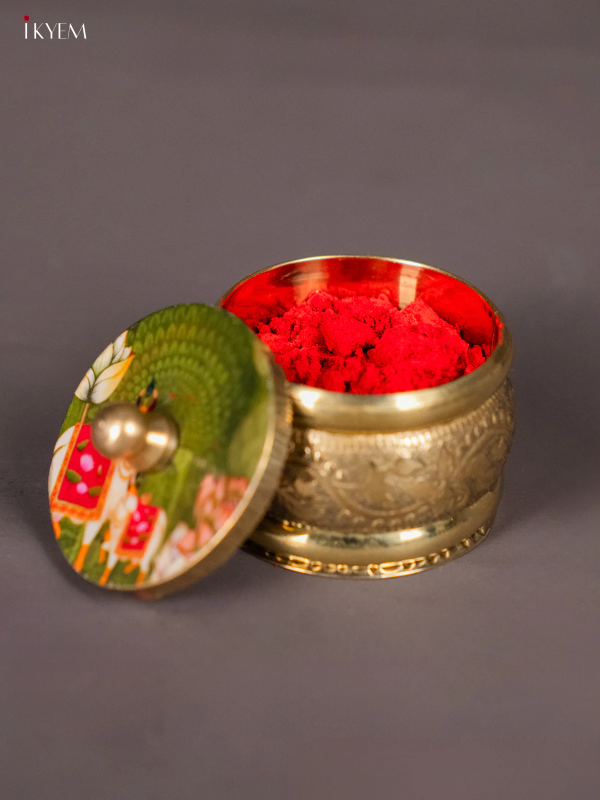 Serene Brass coated Kumkum Holder With Green Pichwai Cow & Calf Printed Lid - Image 3