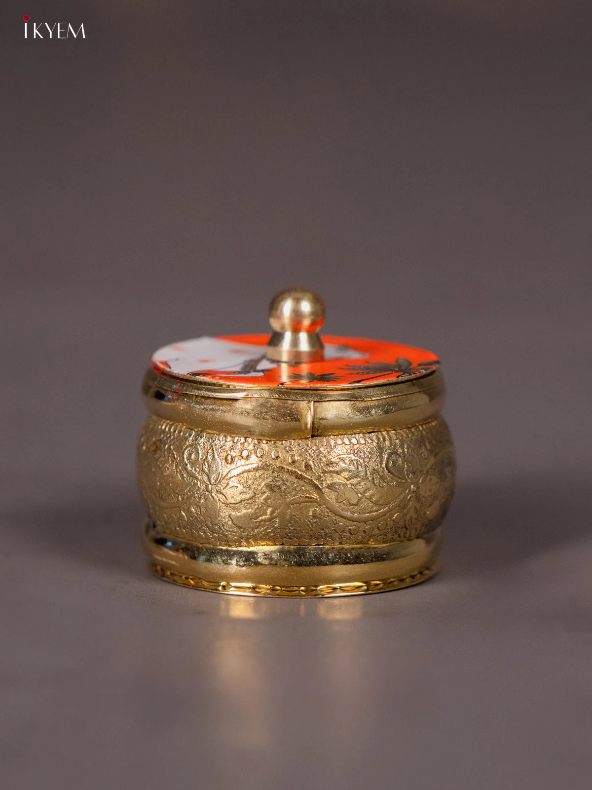Vibrant Brass coated Kumkum Holder With Orange Color Pichwai Printed Lid - KI01208 - Image 2