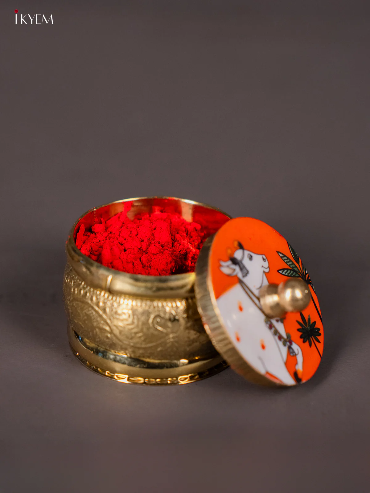Vibrant Brass coated Kumkum Holder With Orange Color Pichwai Printed Lid - KI01208 - Image 3
