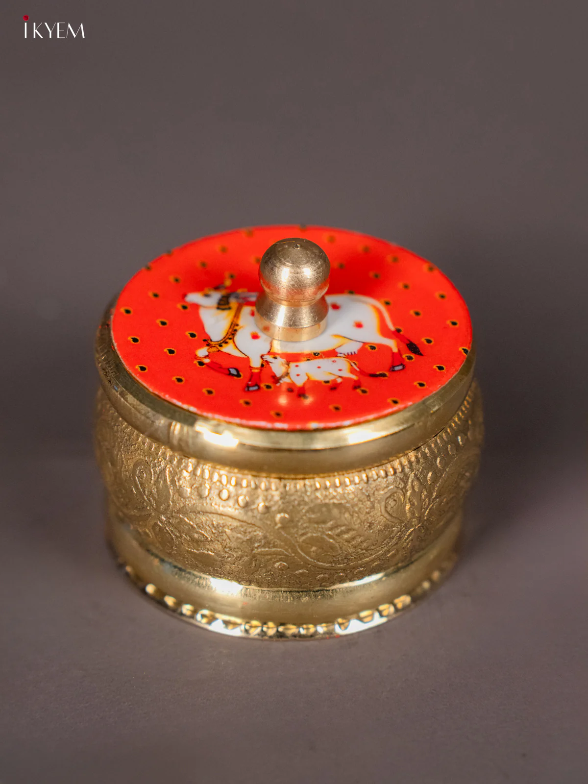 Artistic Brass coated Kumkum Holder with Red Colour Pichwai Printed Lid - KI01215 - Image 2