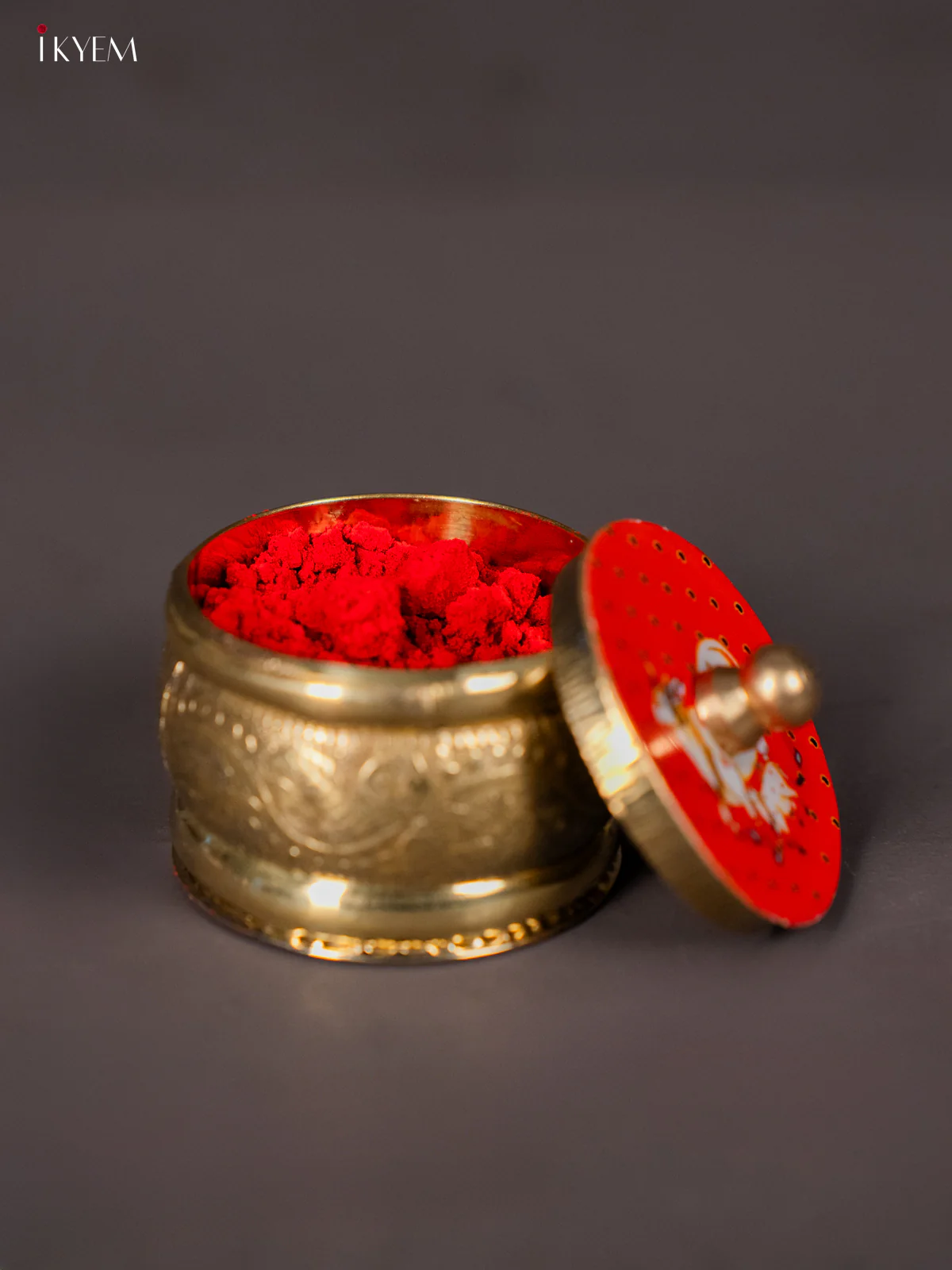 Artistic Brass coated Kumkum Holder with Red Colour Pichwai Printed Lid - KI01215 - Image 3