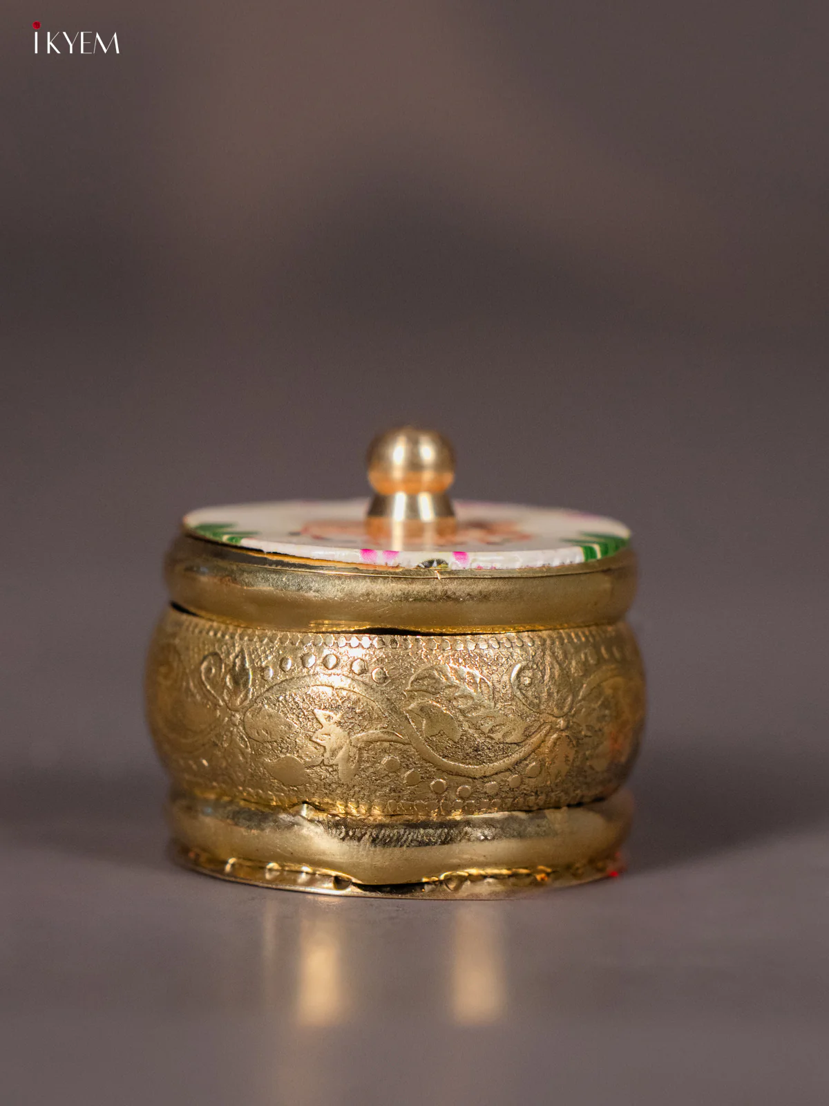 Subtle Brass coated Kumkum Holder White Pichwai Cow & Calf Printed Lid - KI01206