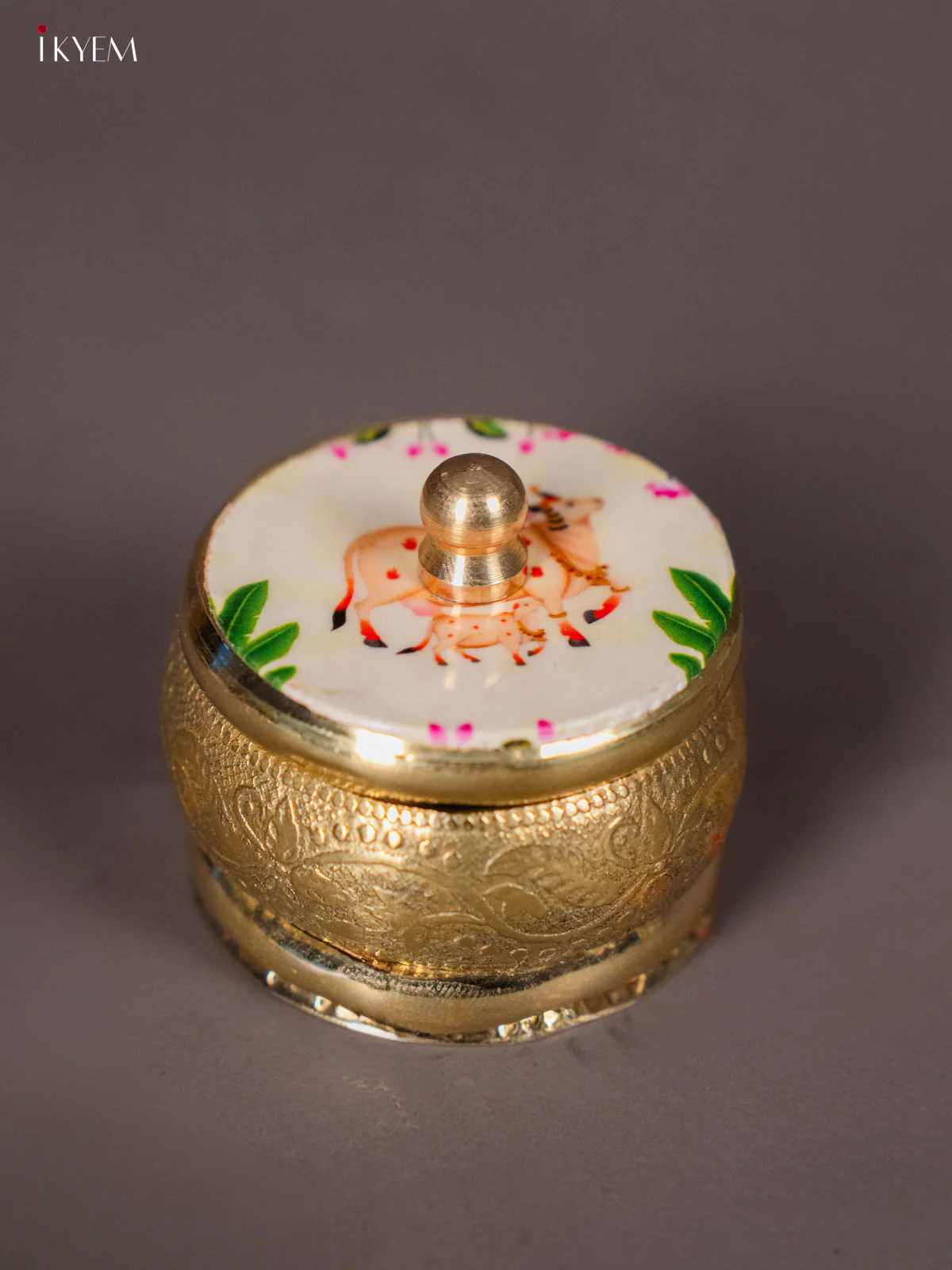 Subtle Brass coated Kumkum Holder White Pichwai Cow & Calf Printed Lid - KI01206 - Image 2