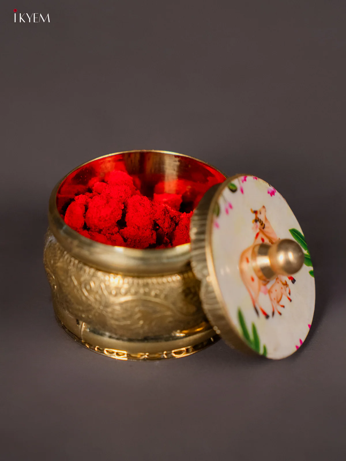 Subtle Brass coated Kumkum Holder White Pichwai Cow & Calf Printed Lid - KI01206 - Image 3