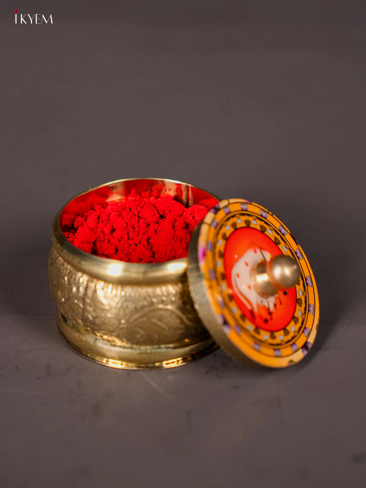 Brass coated Kumkum Holder With Yellow & Orange Pichwai Cow & Calf Printed Lid - KI01213 - Image 3