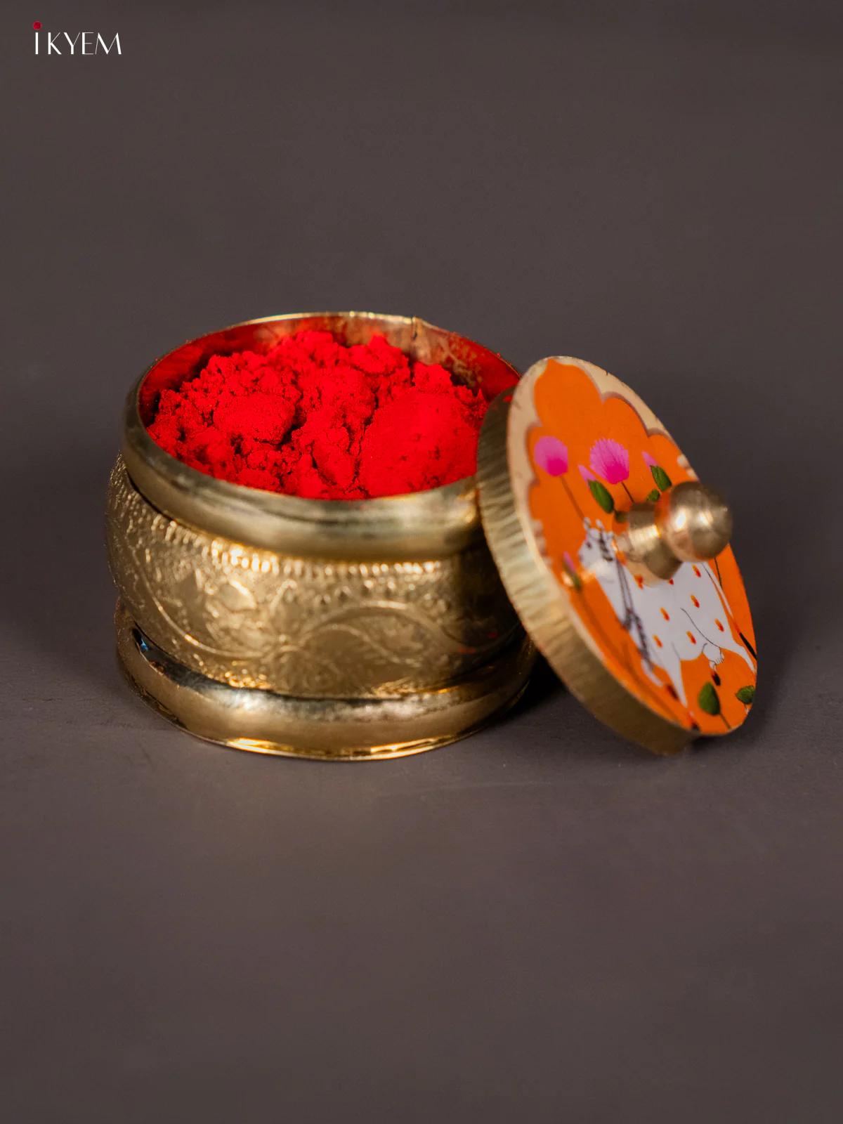 Regal Brass coated Kumkum Holder With Yellow Color Pichwai Printed Lid - KI01209 - Image 3