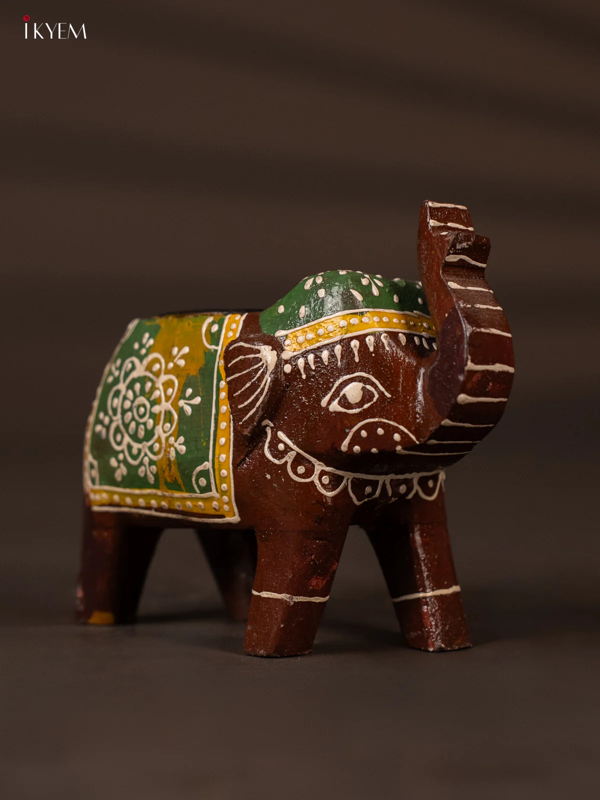 Elegant Brown & Green Hand Painted Wooden Elephant Shaped Candle Holder - KH02123 - Image 2