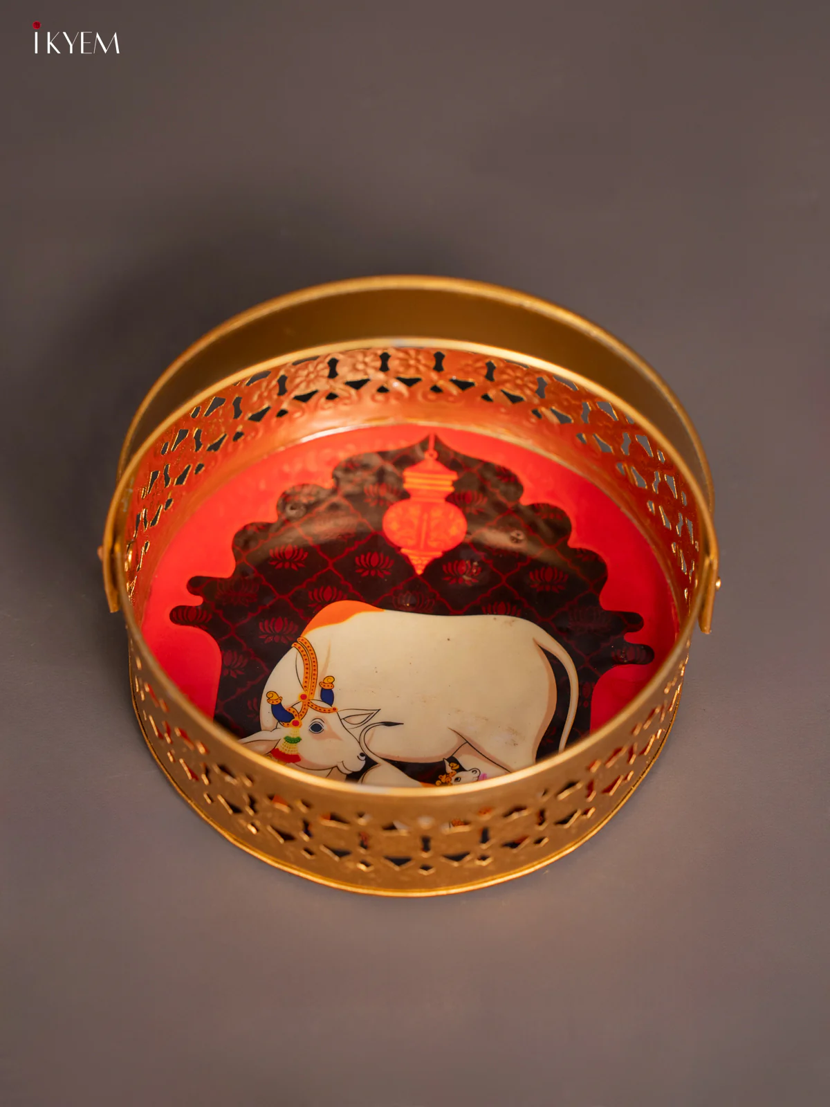Brown & Red Metal Flower Basket with Pichwai Cow & calf Print - KI07186 - Image 3