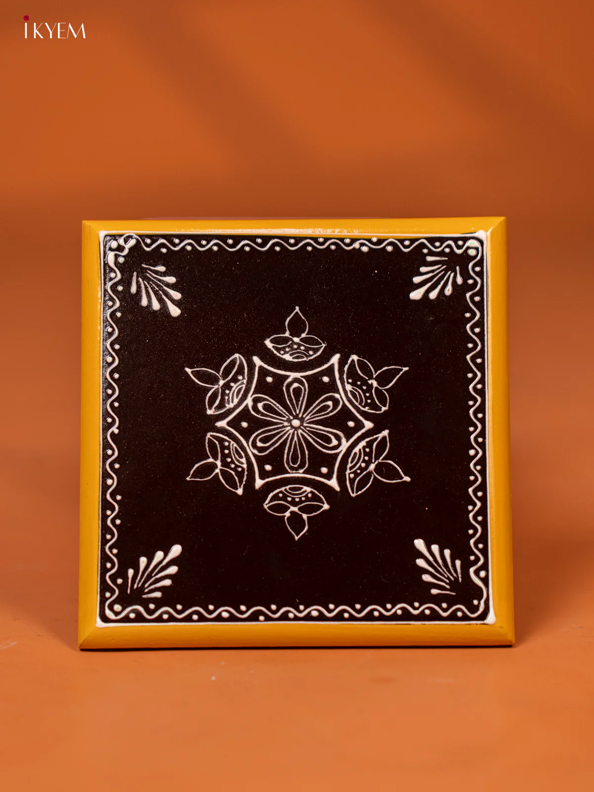 Hand-Painted Brown Wooden Manai with Traditional Kolam Design- KE27112