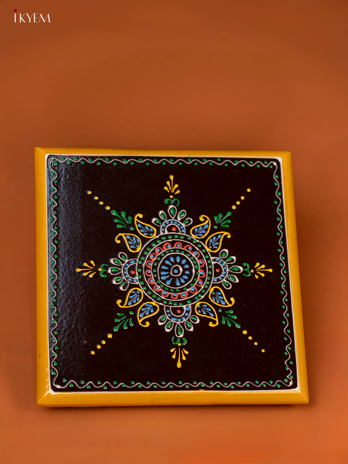 Brown Hand-Painted Wooden Manai with Traditional Kolam Design (8*8) - KE27118