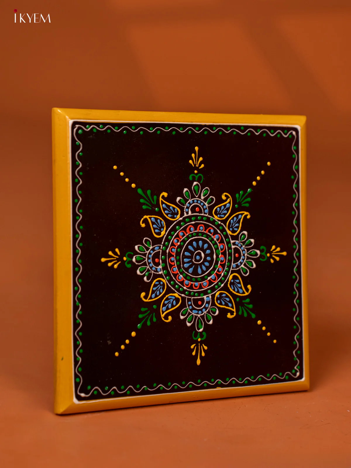 Brown Hand-Painted Wooden Manai with Traditional Kolam Design (8*8) - KE27118 - Image 2