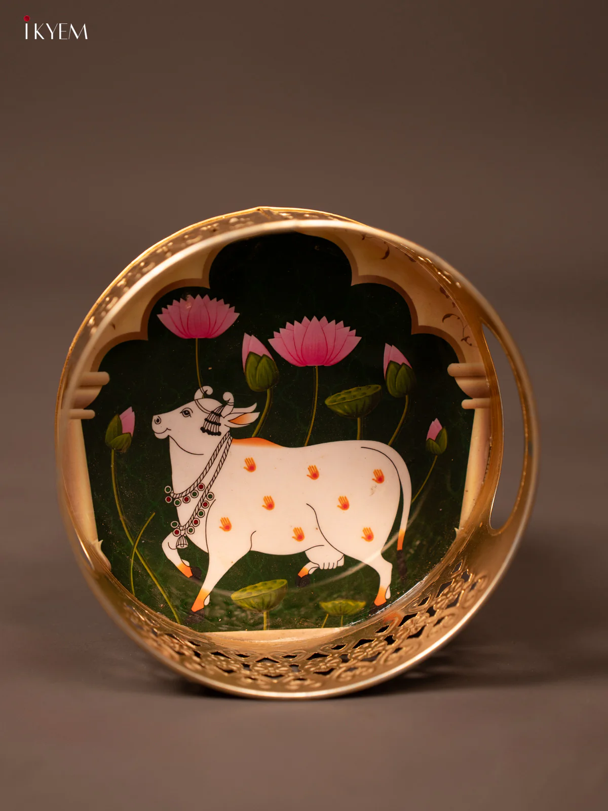 Dark Green Pichwai Printed Round Metal Tray With Cow & Flowers - KF19121