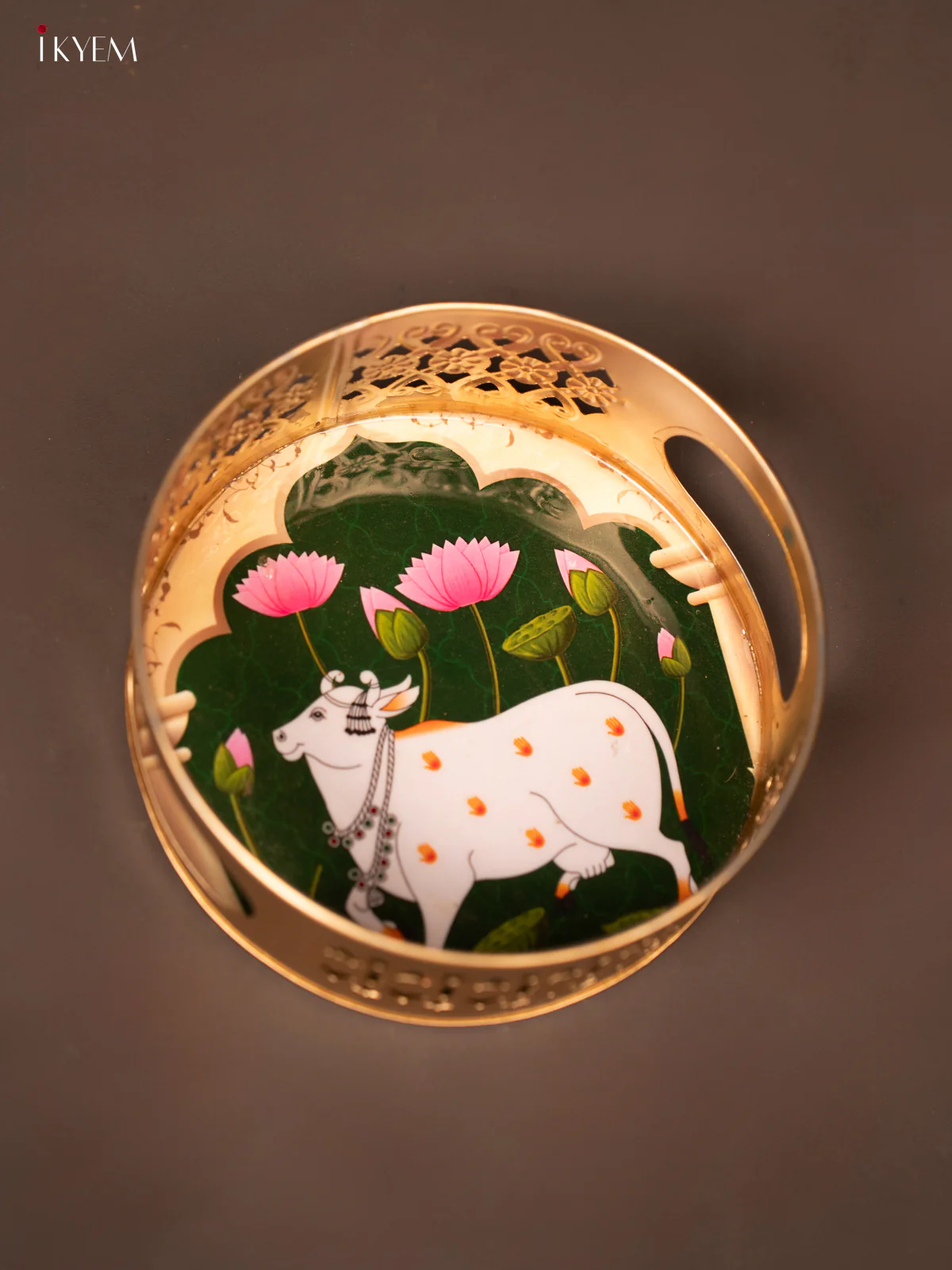 Dark Green Pichwai Printed Round Metal Tray With Cow & Flowers - KF19121 - Image 4