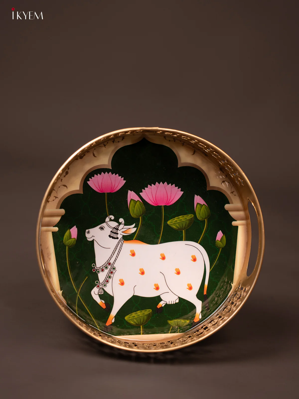 Dark Green Pichwai Printed Round Metal Tray With Cow & Flowers - KF19131