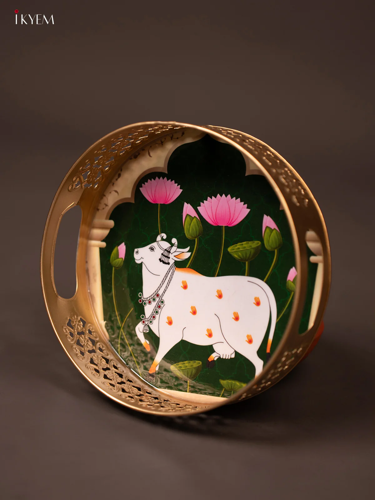 Dark Green Pichwai Printed Round Metal Tray With Cow & Flowers - KF19131 - Image 2