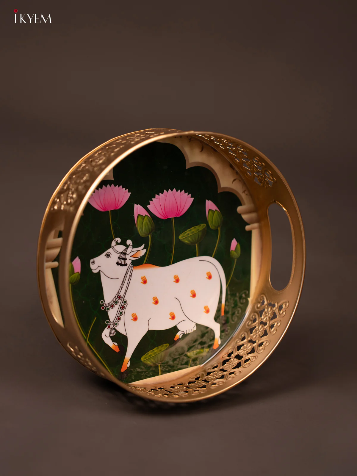 Dark Green Pichwai Printed Round Metal Tray With Cow & Flowers - KF19131 - Image 3