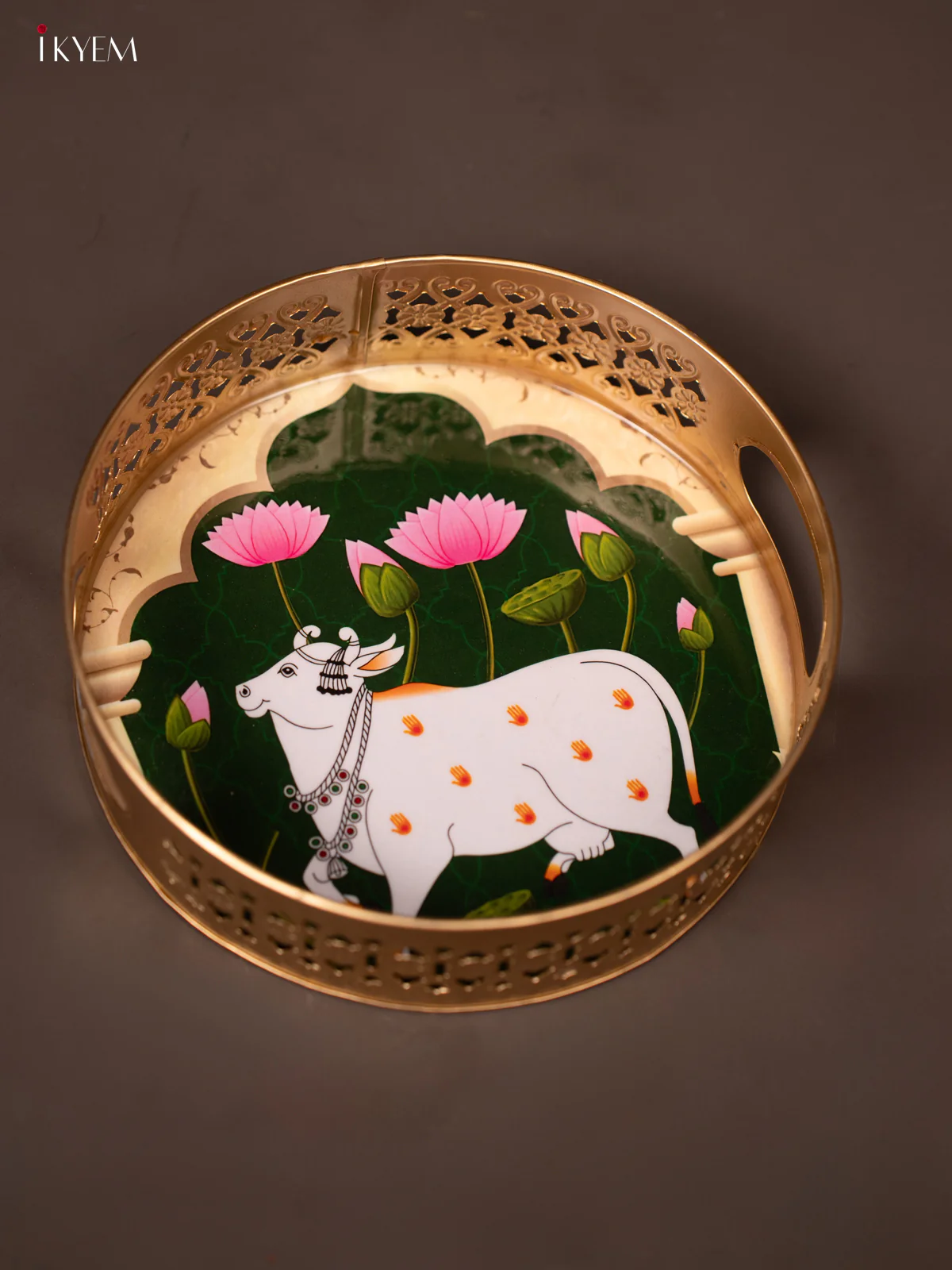 Dark Green Pichwai Printed Round Metal Tray With Cow & Flowers - KF19131 - Image 4